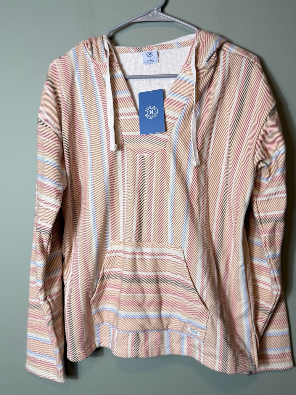 Hurley Women’s Baja Hoodie OG Hooded Poncho Striped Surf Pullover Tan Small NWT
